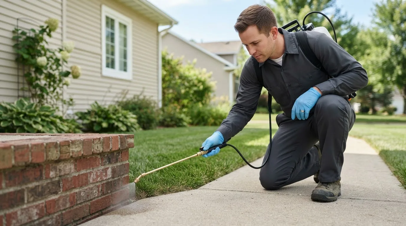 Pest control technician treating a home near Connerville, OK