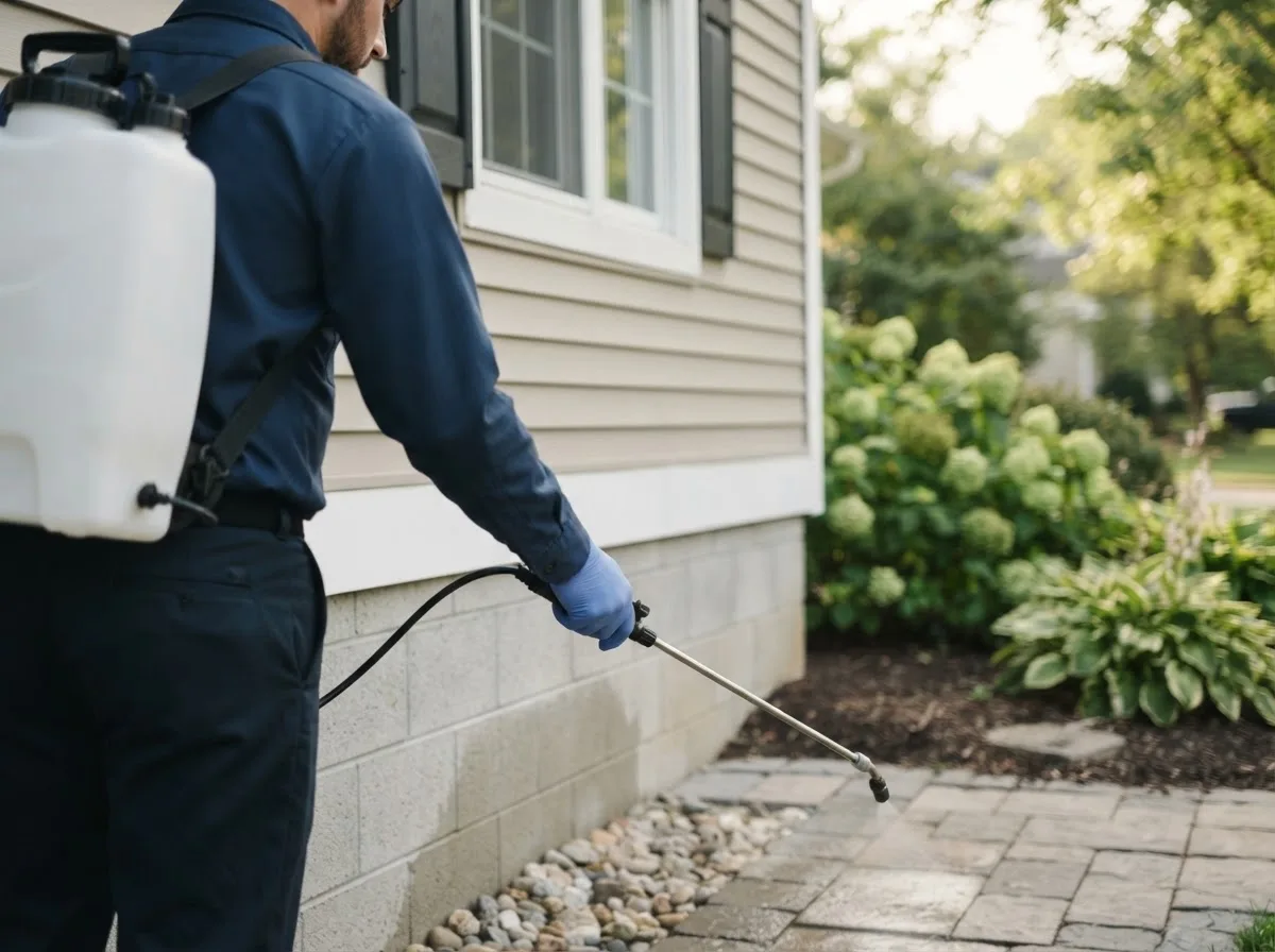Pest control technician inspecting a home in Connerville, OK